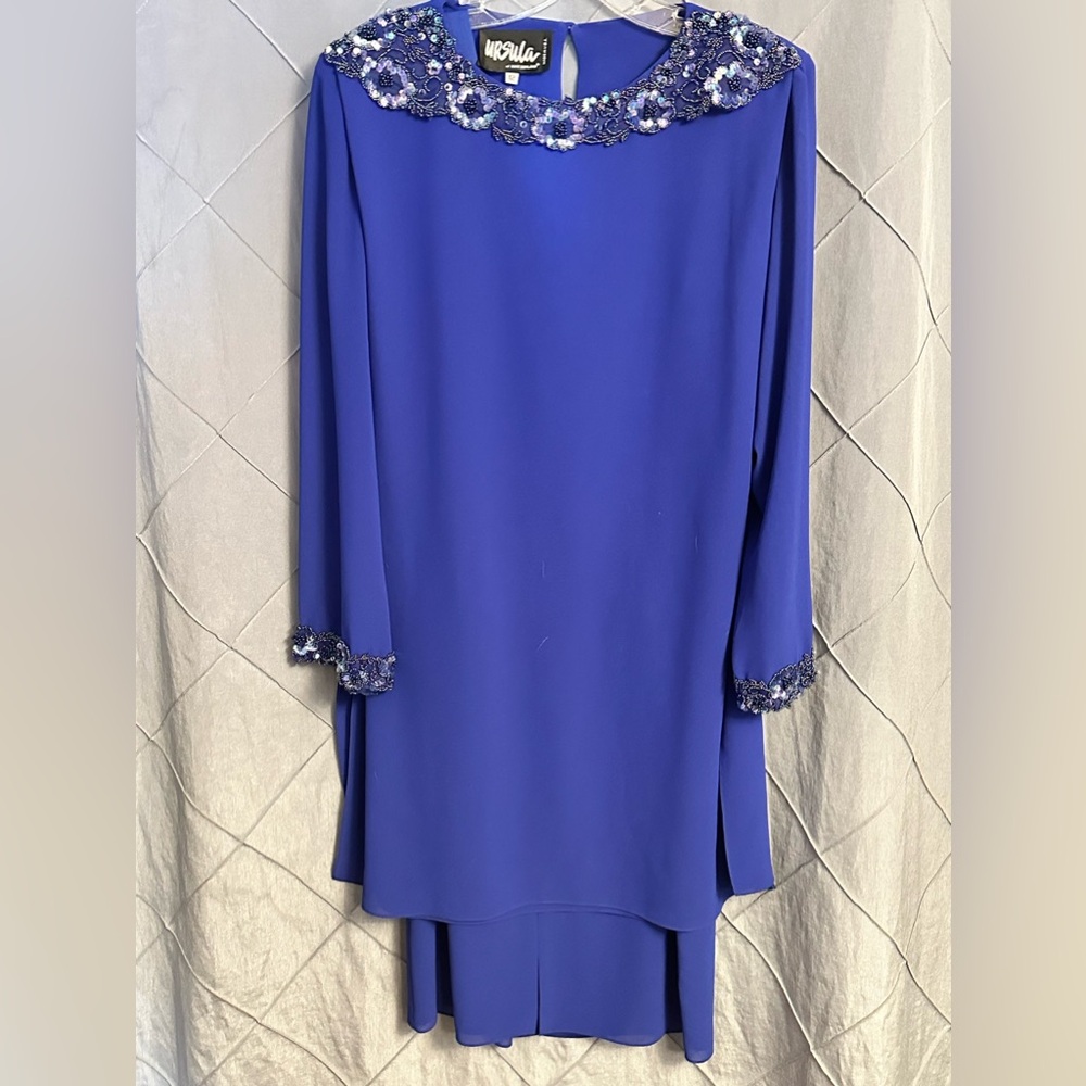 'URSULA of SWITZERLAND 2 pc 80’s beaded royal blue 3/4 sleeve sz 12 yoke shift